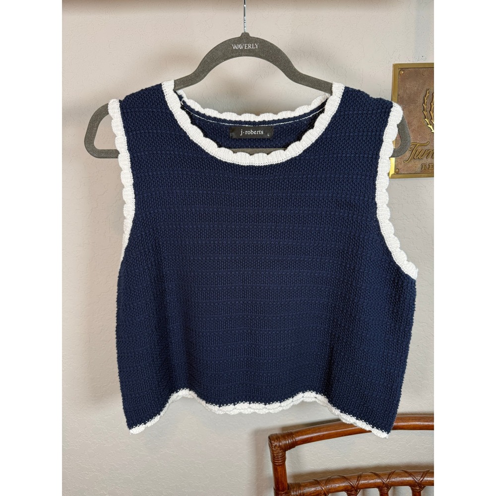 j.roberts Navy Blue Cotton‎ Scalloped Trim Sweater Vest IT4328-A Womens Large